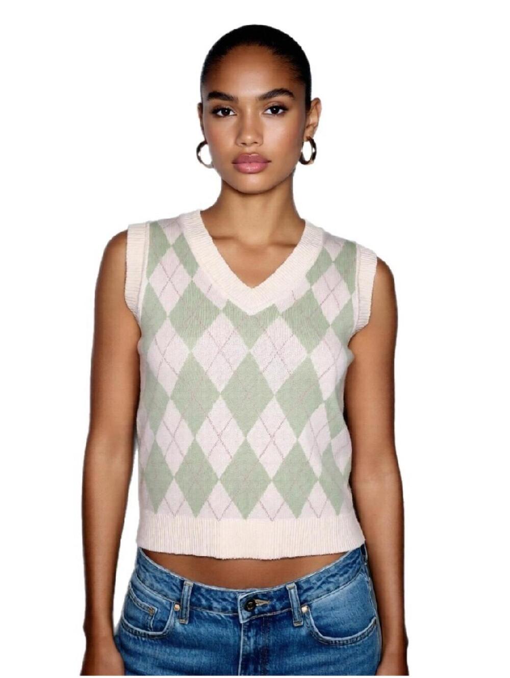 Vest Sweater Womens S M V neck Argyle Preppy Cozy Princess Polly Green Beige